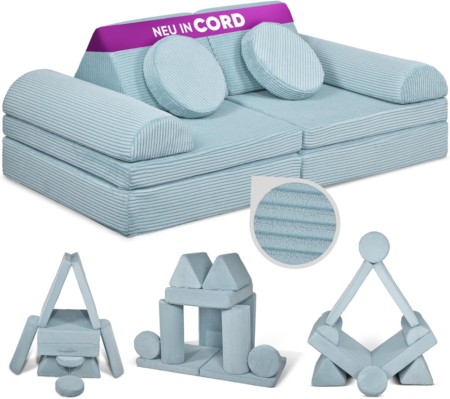Linodino® Spielsofa Cord Fantasiewelt, Kindersofa-Bausteine - Stapelsteine für Kinder - Kindercouch, Sofa-Kuschelecke | Schaumstoff-Softbausteine | Oeko-TEX 100 Zertifiziert | Einhornblau