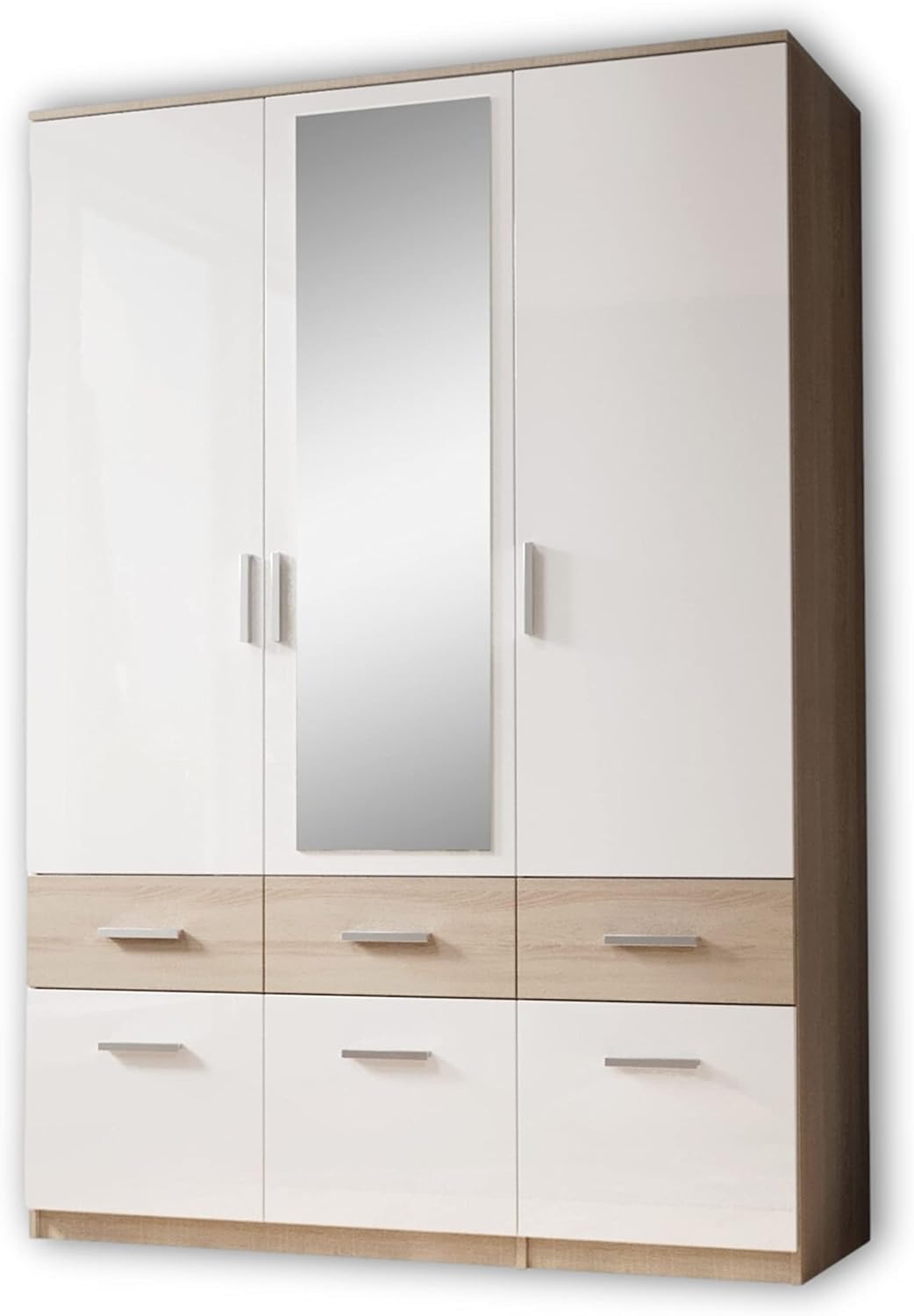 Stella Trading BOX Eleganter Kleiderschrank mit Spiegel & Schubladen - Geräumiger Drehtürenschrank in Sonoma Eiche Optik, Weiß - 135 x 198 x 55 cm (B/H/T)