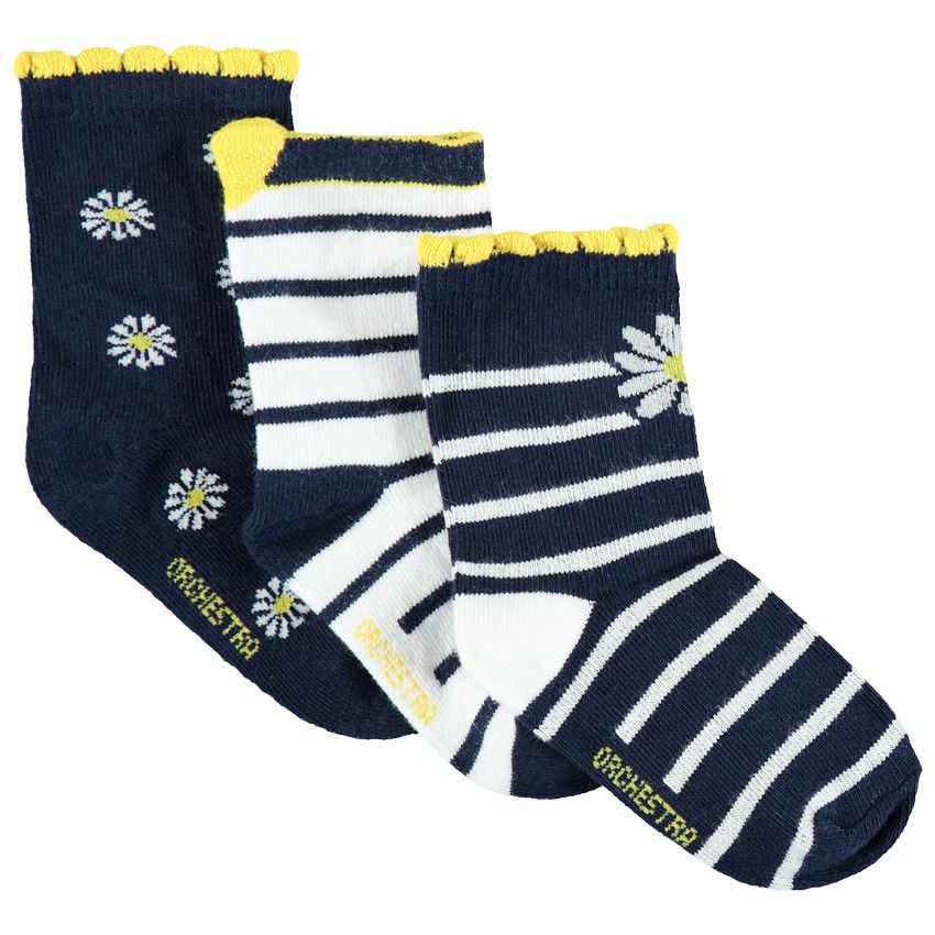 Lot de 3 paires de chaussettes assorties à rayures et fleurs - Bleu marine