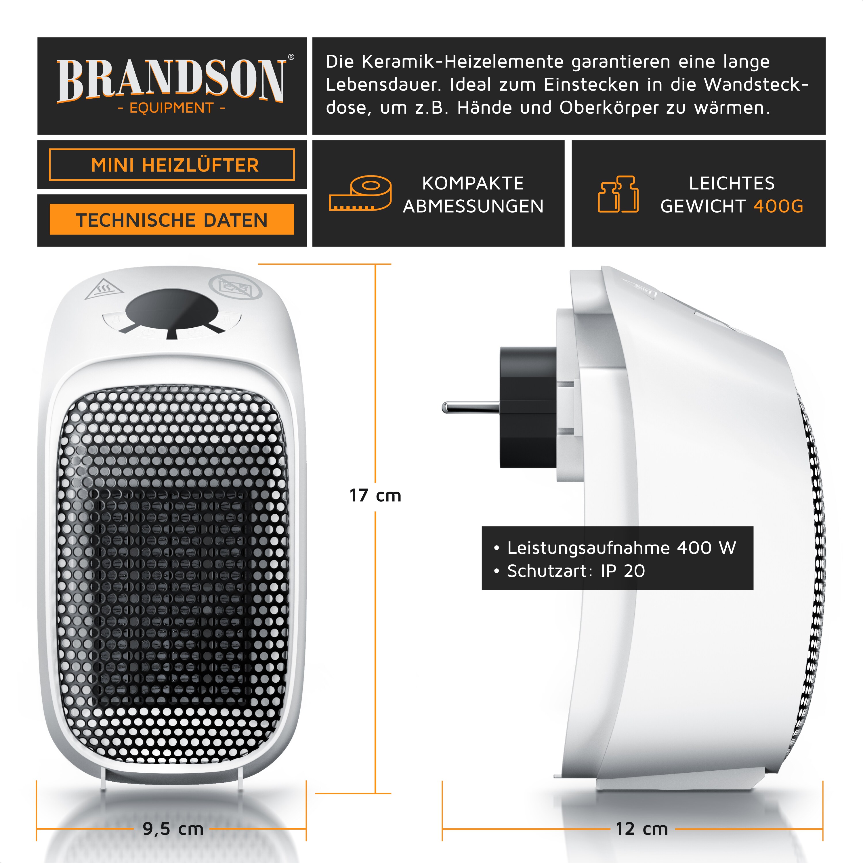 Brandson Steckdosen Heizlüfter 400W, Mini Keramik Heizung, Digitalanzeige, energiesparend, Thermostat, Überhitzungsschutz, Automatische Abschaltung