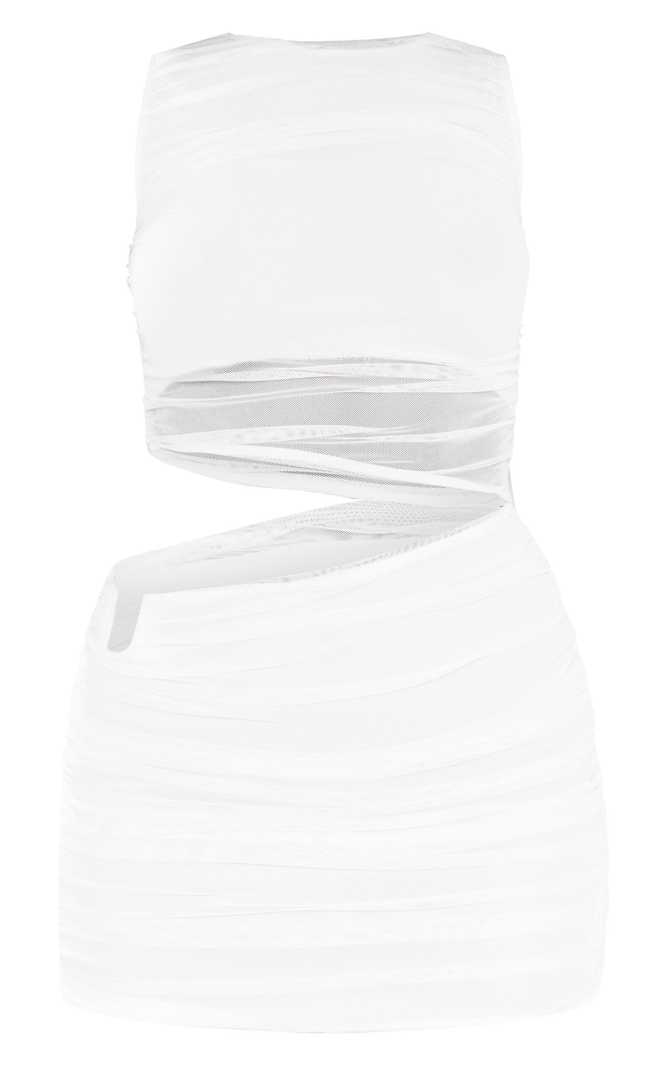 Crème Robe Courte Moulante En Mesh À Col Montant Avec Découpes