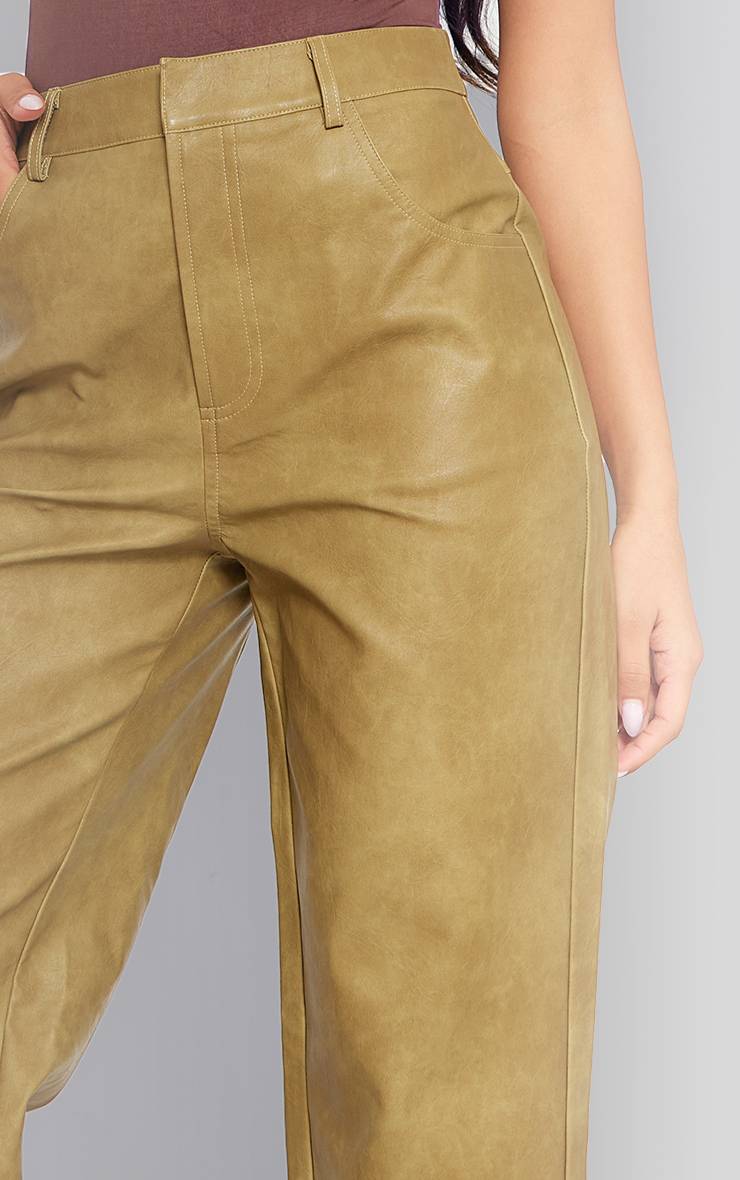 Vert Olive Pantalon Droit Premium En Synthétiquecuir Lavé