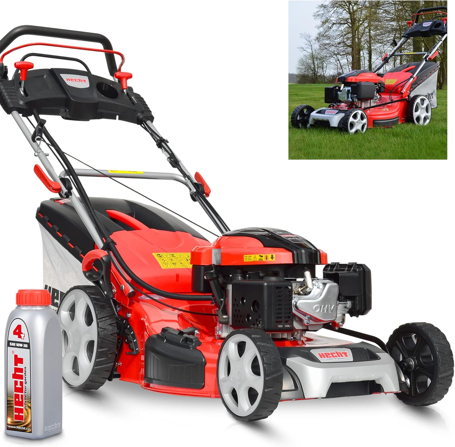 HECHT 5IN1 Rasenmäher Benzin – 4 Takt Motor mit 196 cm³ Hubraum, 56 cm Schnittbreite, 70l Grasfangkorb, 4-Gang Radantrieb, patentierte Räder, Mulchfunktion, Seitenauswurf, inkl. Öl