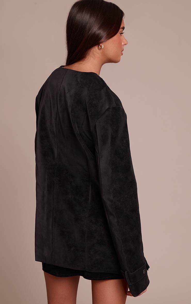 Noir Veste En Synthétique Sans Col Avec Détails De Boutons