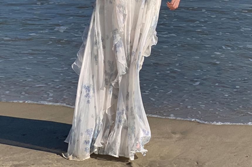 Saccharine - Maxi A-lijn jurk met korte mouwen, off-shoulder bloemenprint en ruches