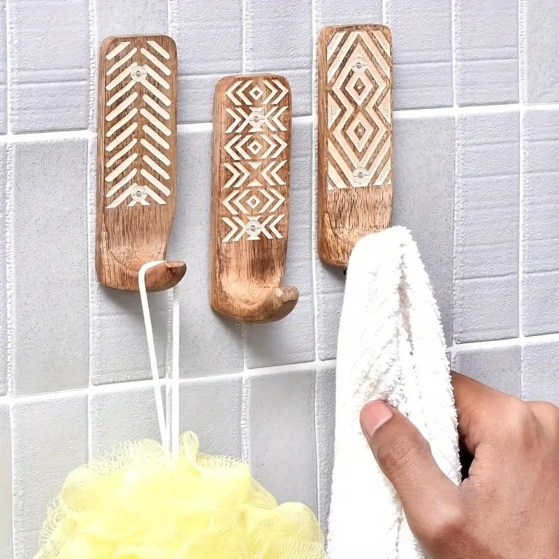 (3er Set) 100x35mm Holz Garderobe Boho Wandhaken Hygge Lifestyle Home Deko Selbstklebender Haken für Kleider / Handtuch - Braun