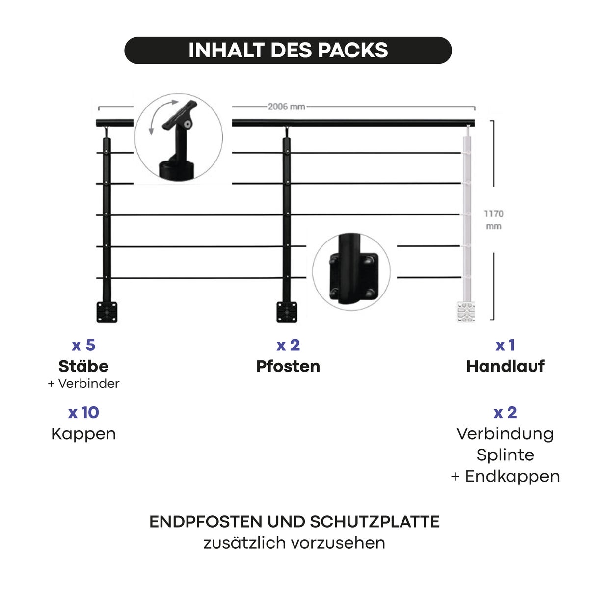 OPALU - 2m aluminium leuningset, klaar voor montage - zwart, zijmontage