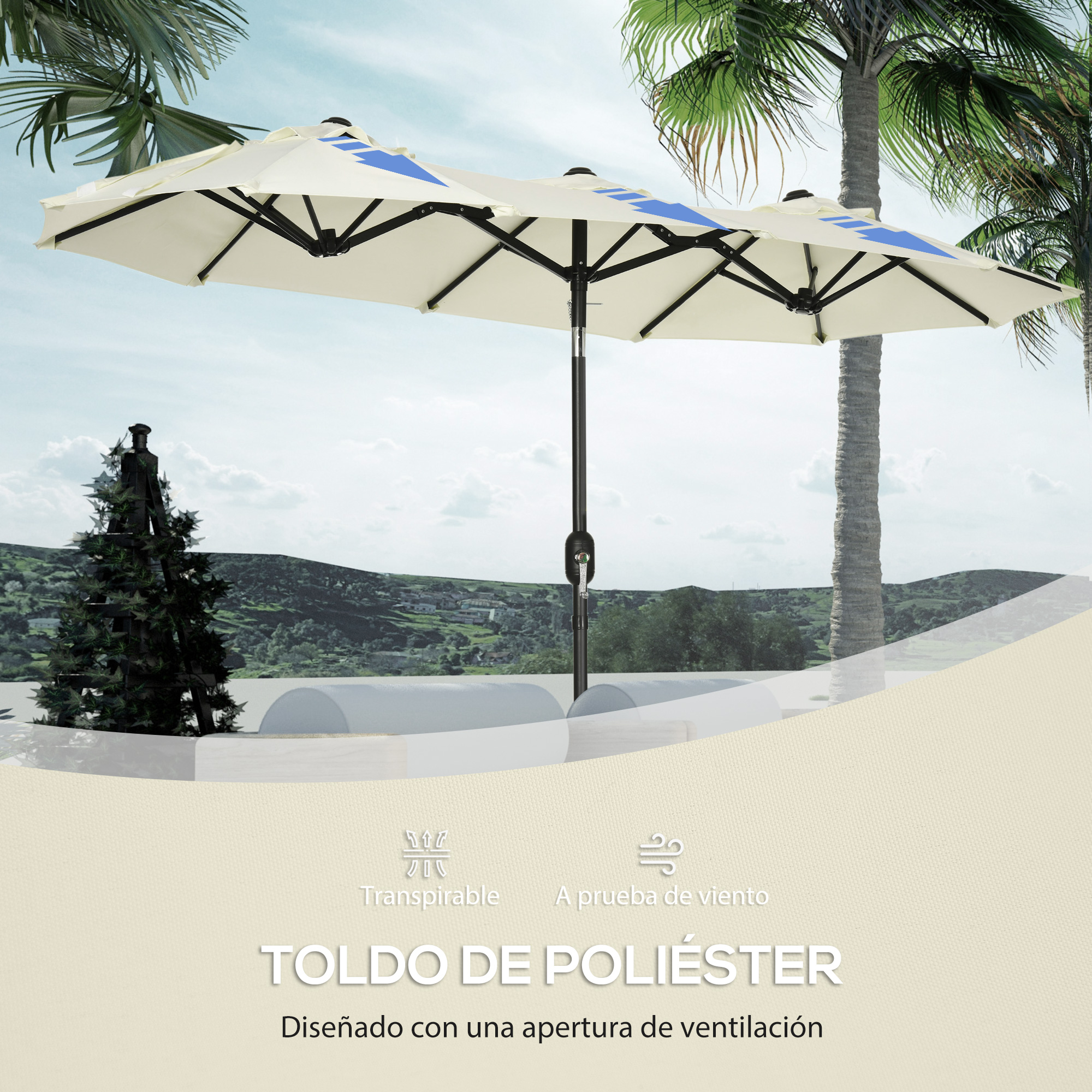 Guarda-sol duplo Outsunny 285x147x227 cm para jardim, com inclinação de 45°, manivela, varetas de aço e 3 orifícios de ventilação, ideal para terraço, varanda e piscina. Cor bege.