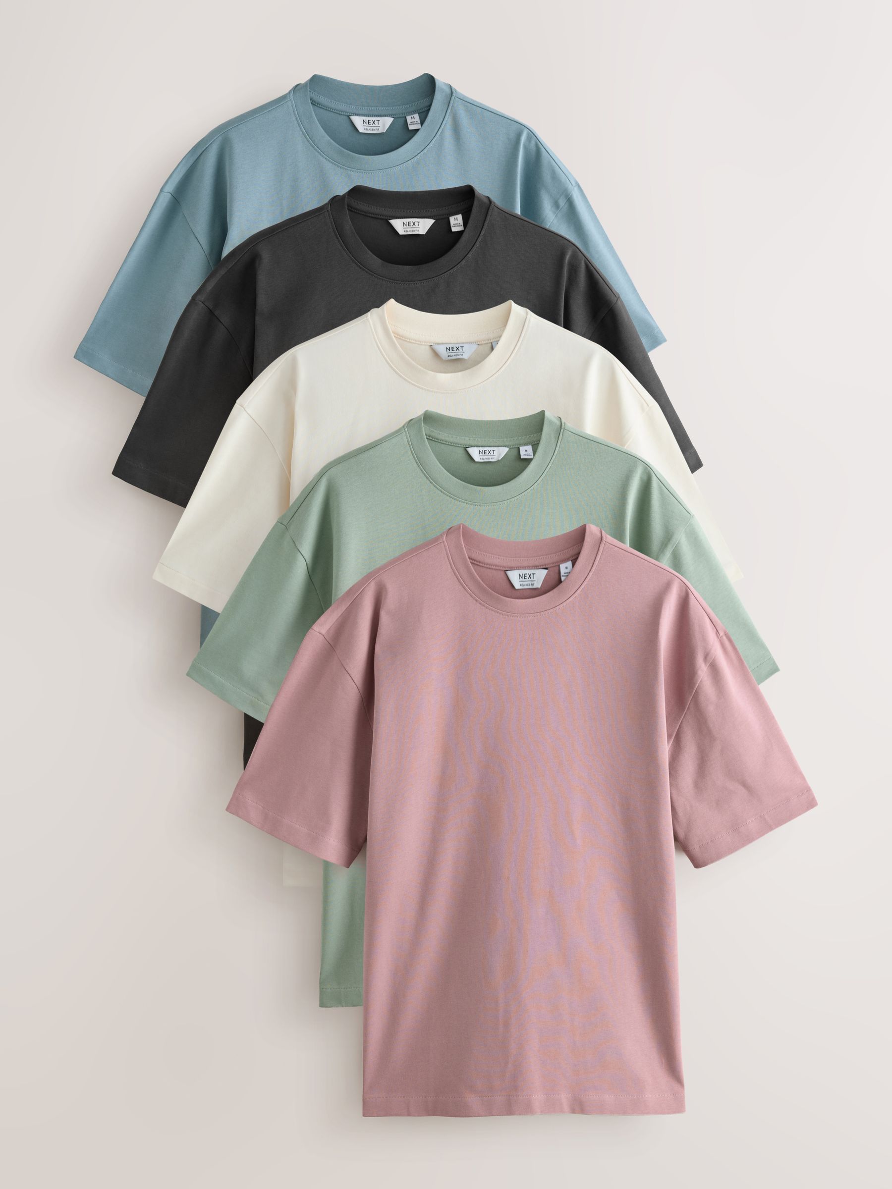 PastelGroen/Blauw/Ecru/leigrijs/Roze - Set van 5 ruimvallende dikke T-shirts