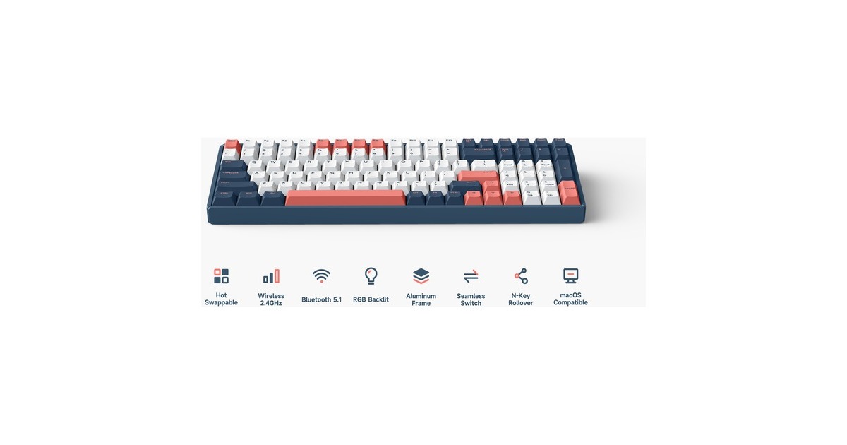 IqunixF97 Coral Sea Wireless Mechanical Keyboard, gaming toetsenbord  (Donkerblauw/koraal, US lay-out, IQUNIX Moonstone, RGB leds, 96%, Hot-swappable, PBT, 2.4GHz | Bluetooth 5.1 | USB-C)