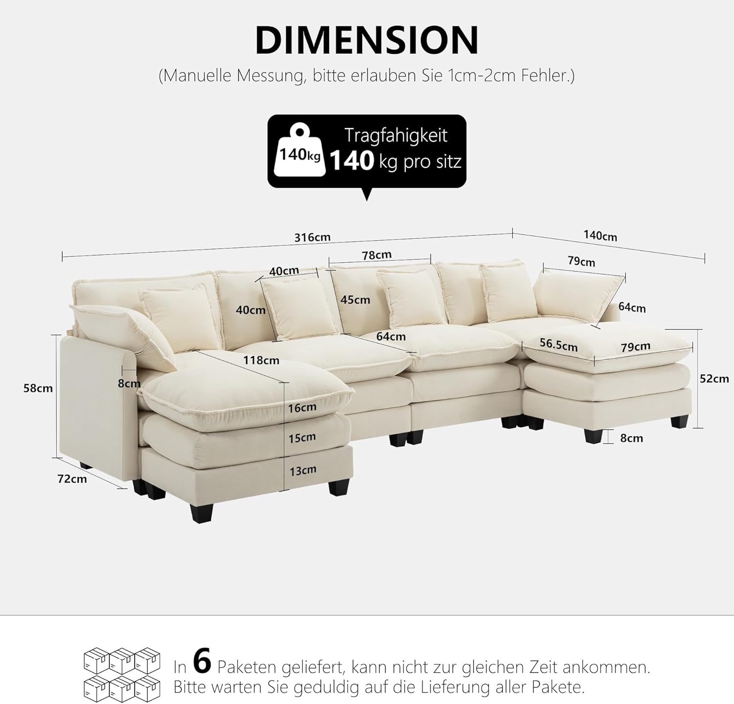 U-Form Cloud Sofa, Modulares Sektionssofa 6-Sitzer mit 2 Ottomanen, Modernes Sofa mit Dekokissen/Armlehnen, Atmungsaktivem Chenille-Stoff, U Sofa Couch für Wohnzimmer, Beige