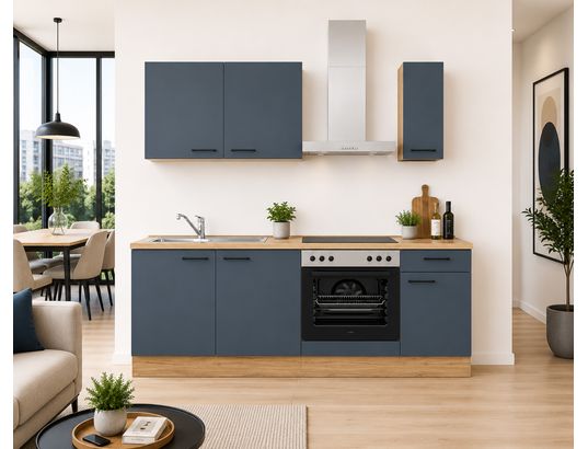 CONCEPT1 - Pack Cuisine Carena 210cm L5 Droite Bleu fjord ultra-mat