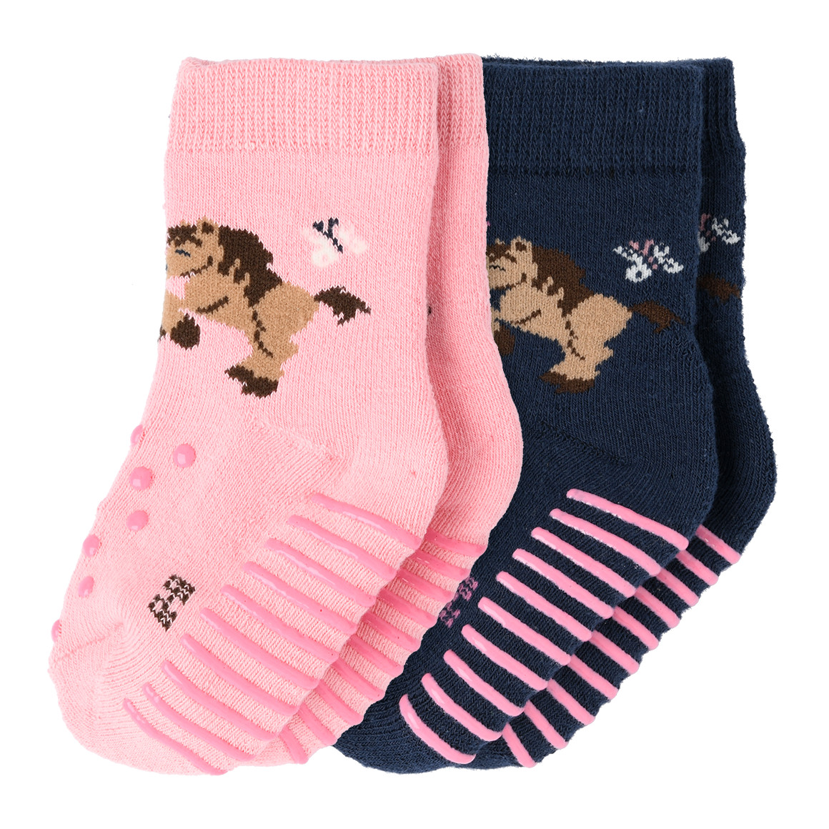 Topomini 2 Paar Baby Krabbel-Socken mit Pferden rosa / dunkelblau