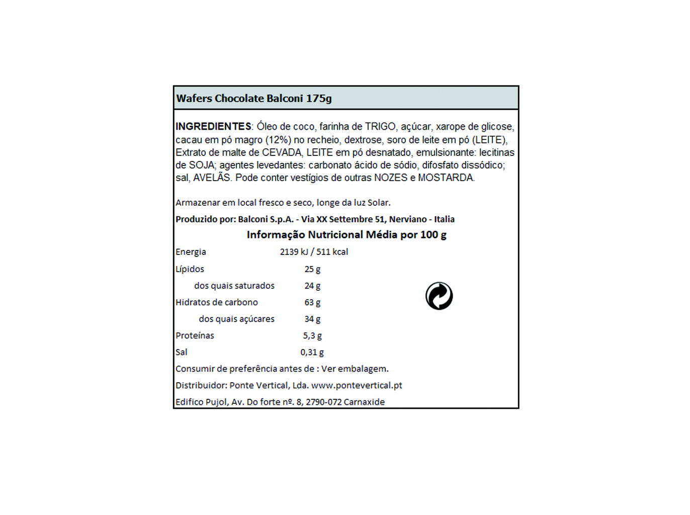 WAFFERS BALCONI CHOCOLATE 175G