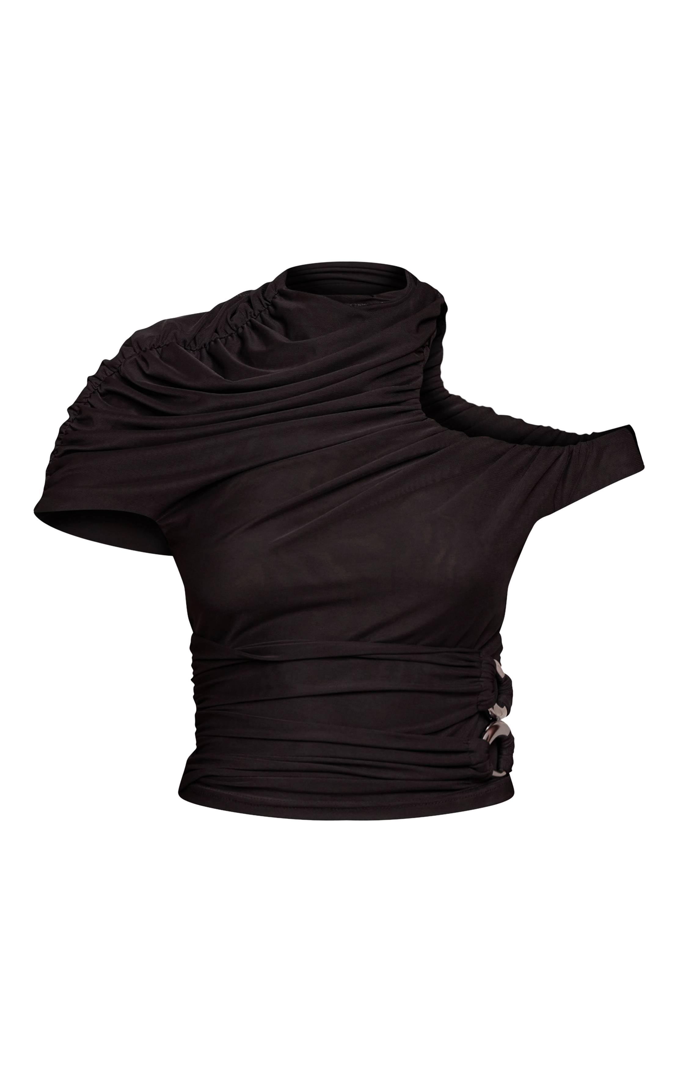Noir Top En Maille Double Couche Avec Détails Froncés Et Bordures