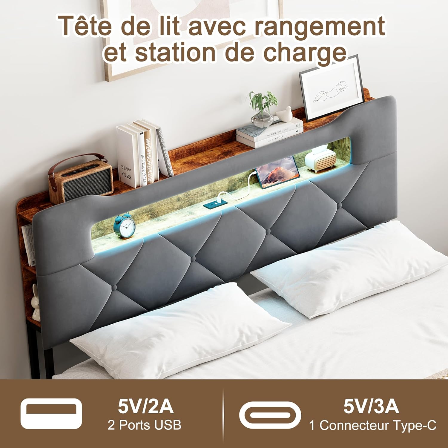 Bettkasten, 140 x 200 cm, Aufbewahrung mit 4 Schubladen, für Doppelbett, Erwachsene, Polsterbett mit Lattenrost, Kopfteil mit LED-Beleuchtung & USB (ohne Matratze) (Grau, 140 x 200 cm)