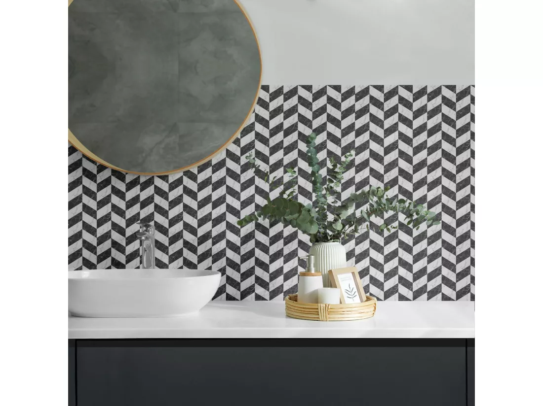 Carreaux autocollants PVC, Carrelage PVC adhésif - 20x20x20 - Motif à chevrons en marbre