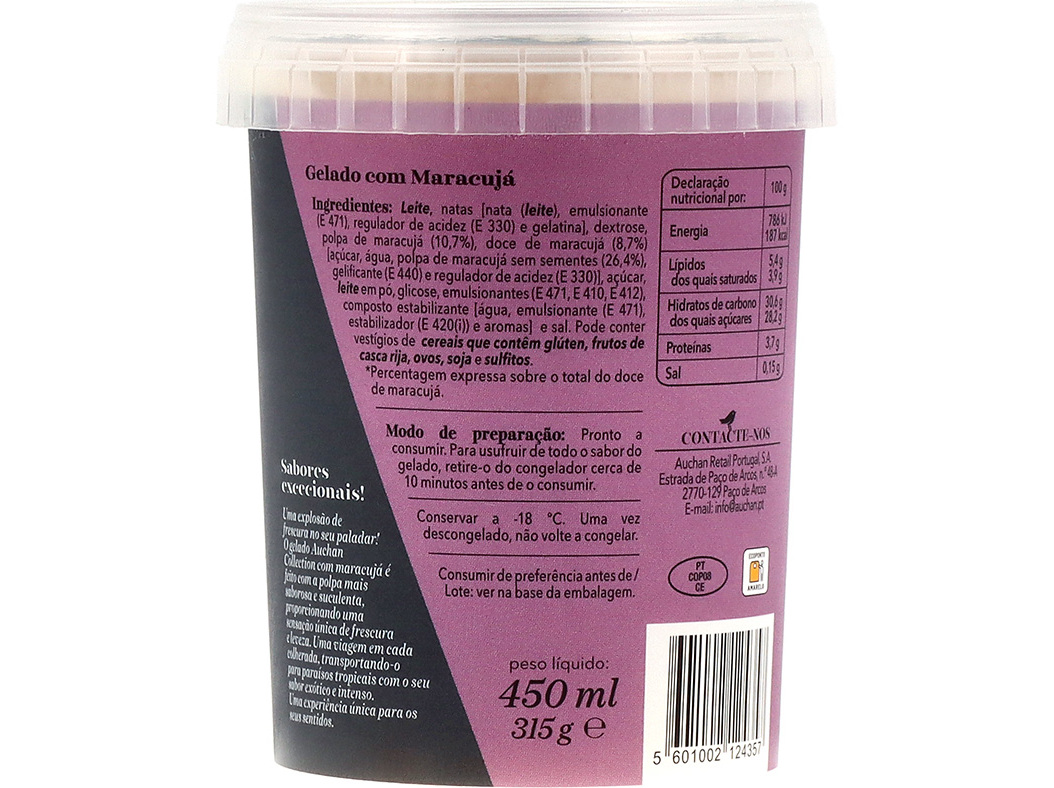 GELADO AUCHAN COLLECTION MARACUJÁ C/POLPA DA FRUTA 450ML