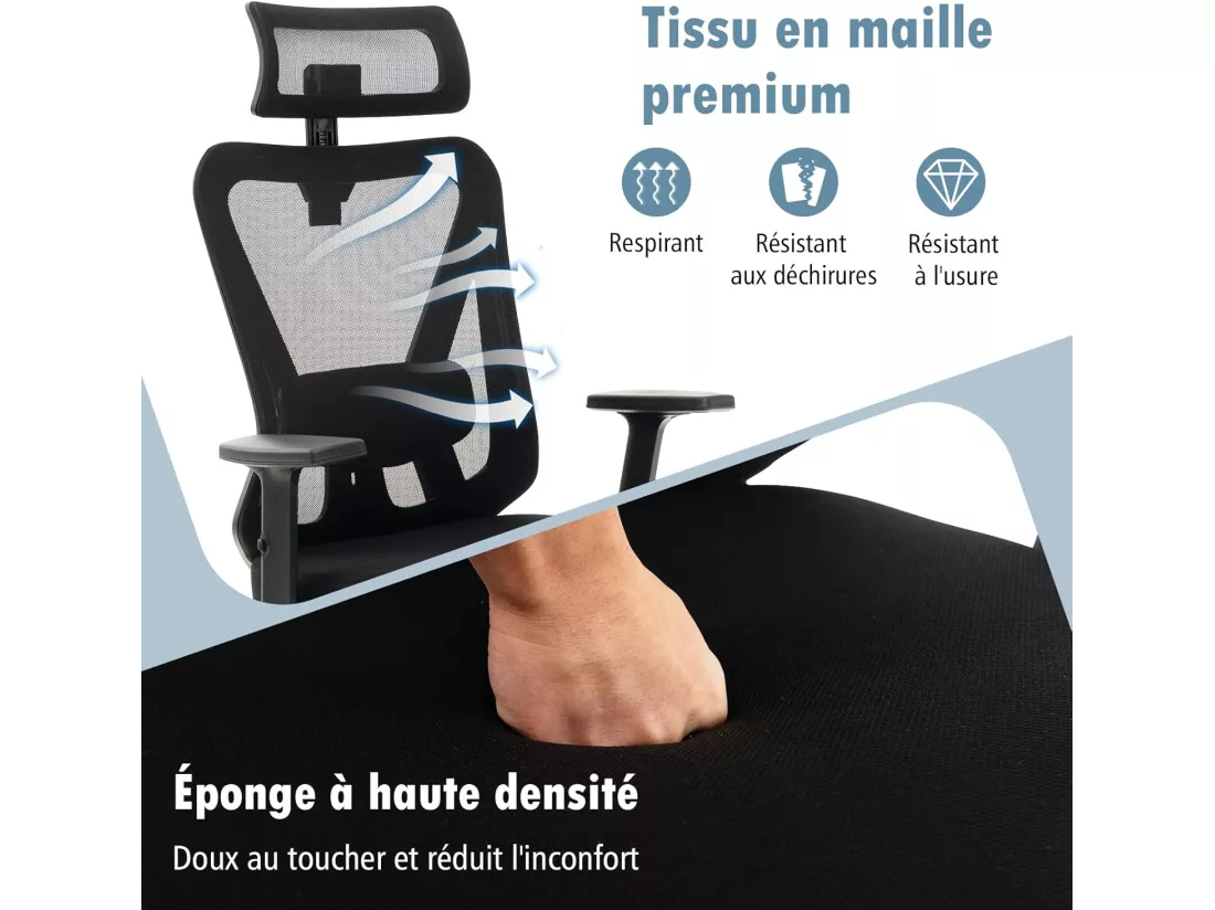 Chaise de Bureau Ergonomique, Fauteuil Bureau Pivotant Réglable en Hauteur, Dossier à Bascule de 90° à 120°, Maille Respirante, Support Lombaire, Appui-tête, Accoudoirs Ajustables, Noir