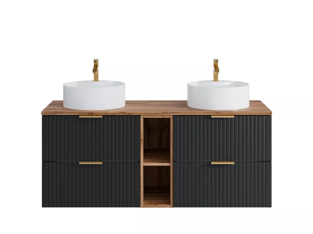 Meuble de salle de bain suspendu strié avec niches et double vasque à poser ronde - Noir et naturel clair - L140 cm - ZEVARA