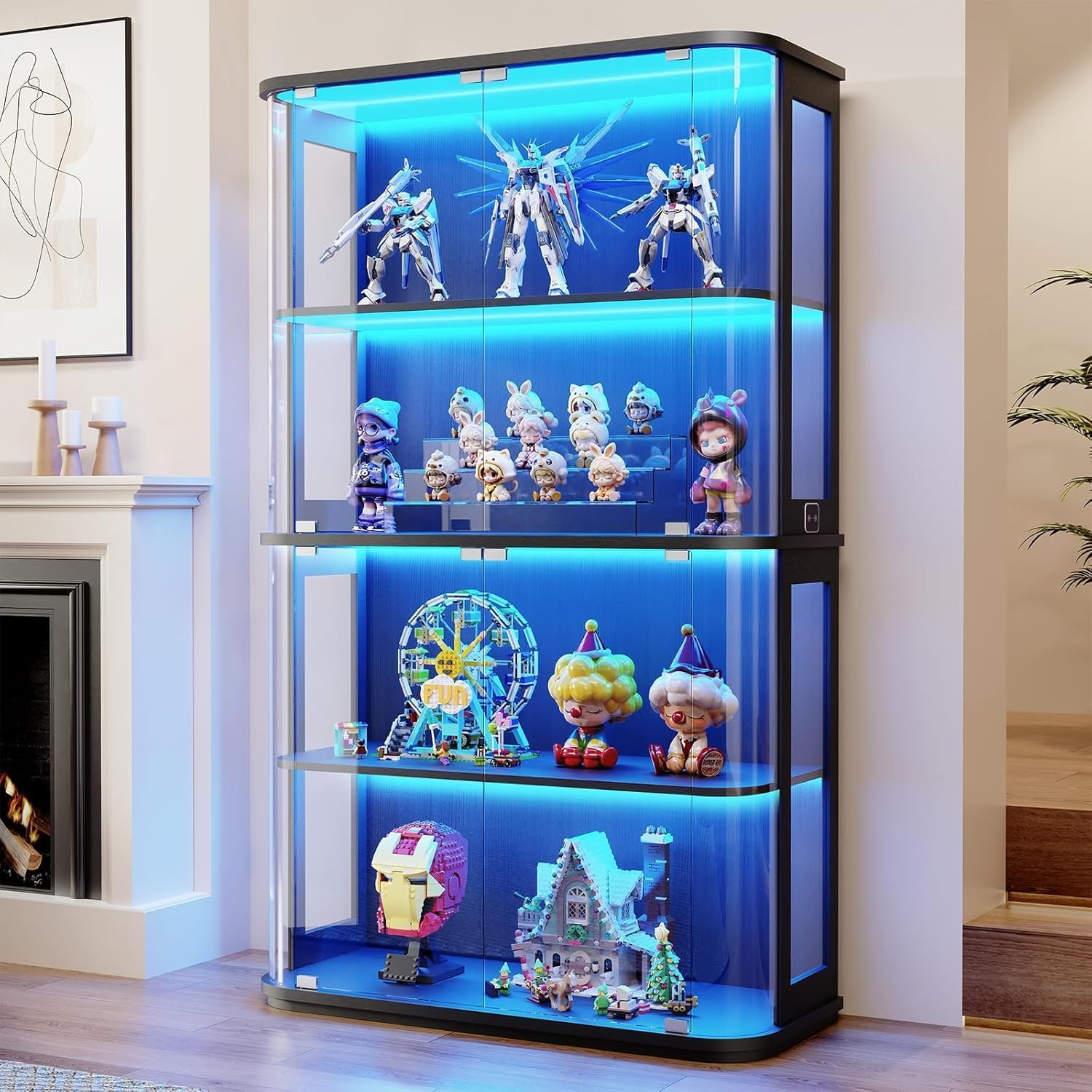 Große Glasvitrine Stehend Mit Rundbogen-Glastür, 4-Stöckiger Vitrine Mit 3-Farb-LED-Beleuchtung & Bewegungssensor, Vitrinenschrank Sammlervitrine Für Wohnzimmer, Schwarz
