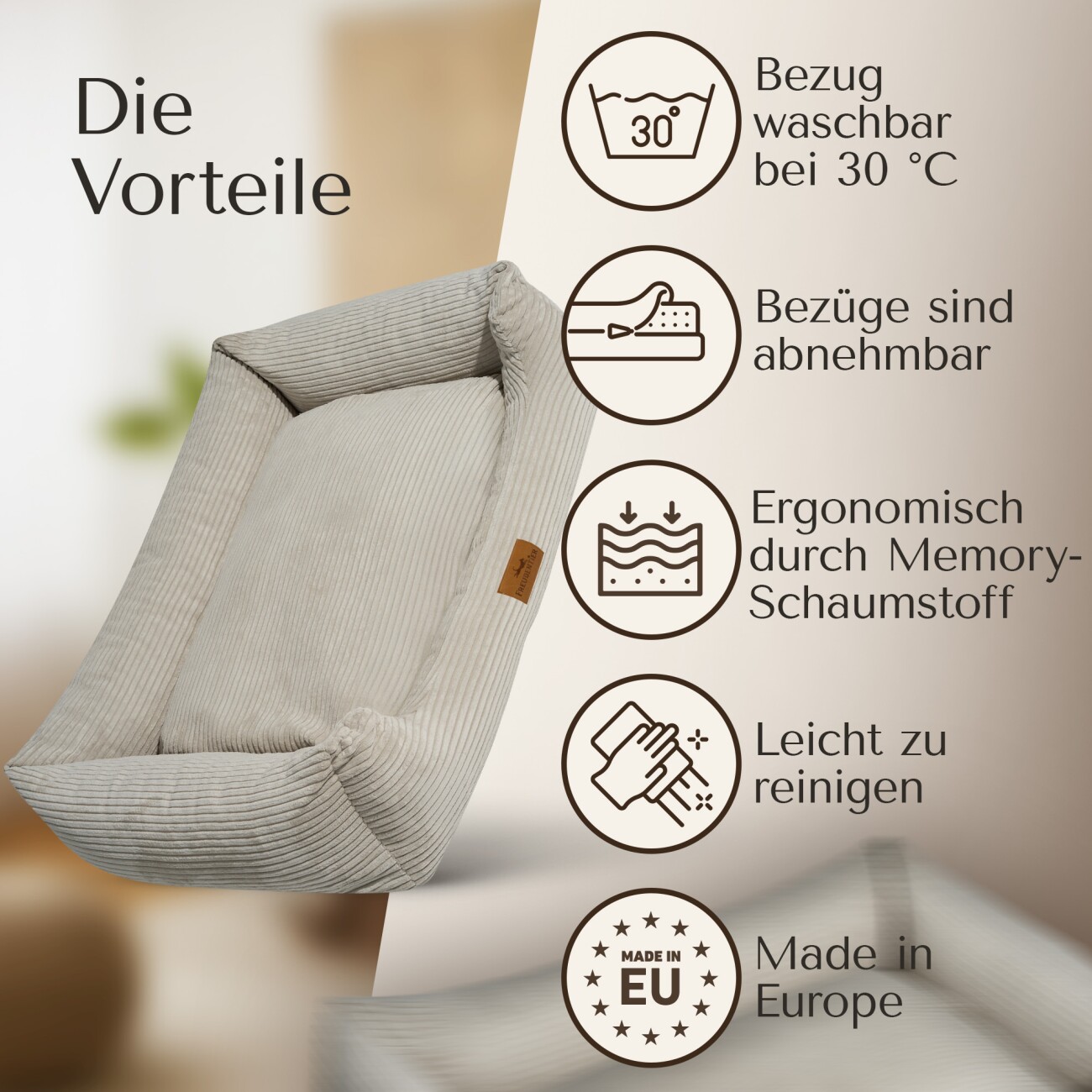 Freudentier Orthopädisches Hundebett aus stilvollem Cord M