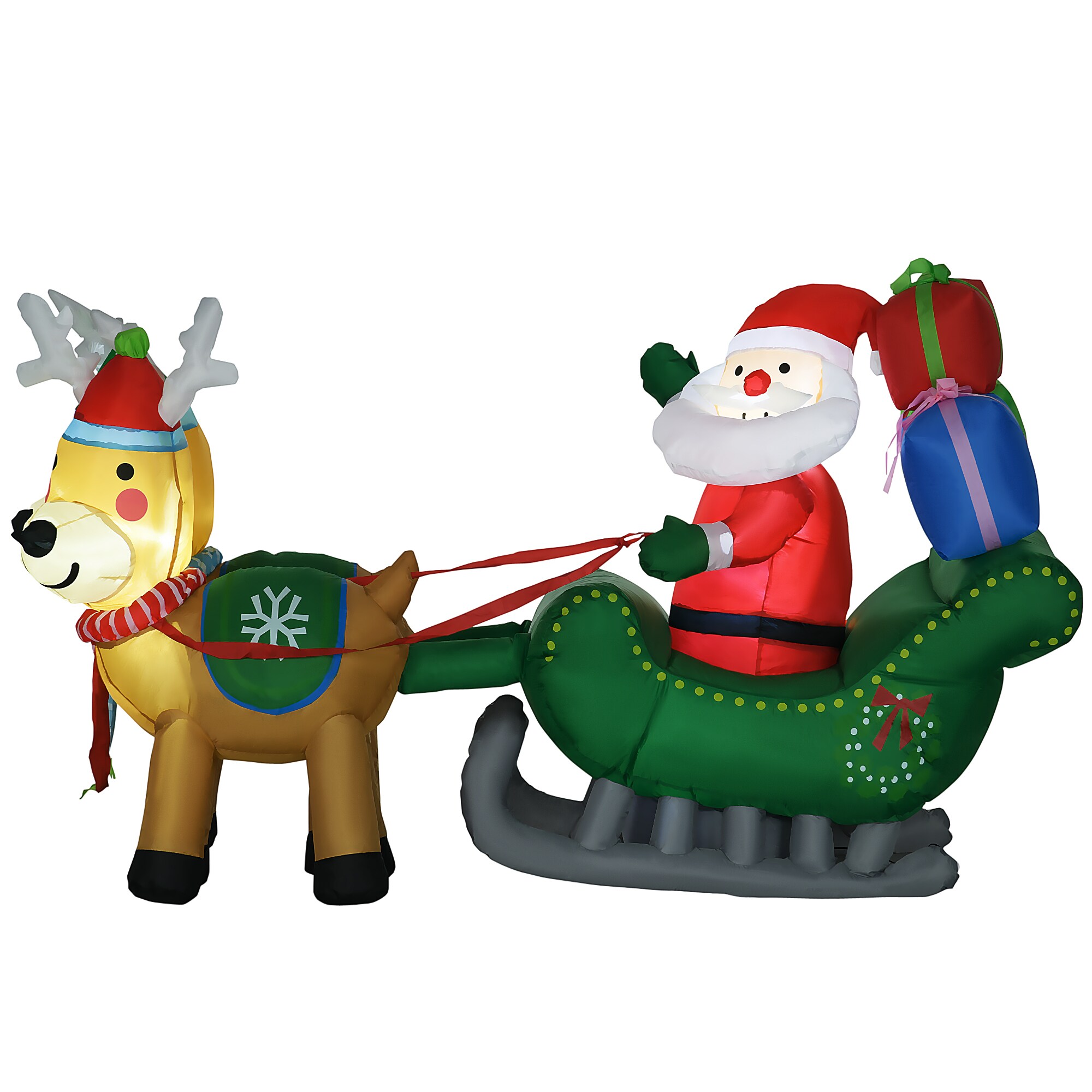 HOMCOM Aufblasbare Weihnachtsmann mit Schlitten und Rentieren mit LED-Lichter bunt 210L x 70B x 125H cm