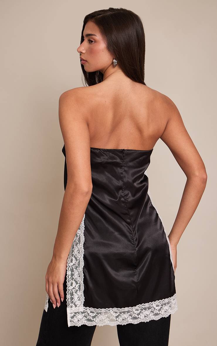 Noir Top Bandeau Long En Satin Avec Détails De Dentelle