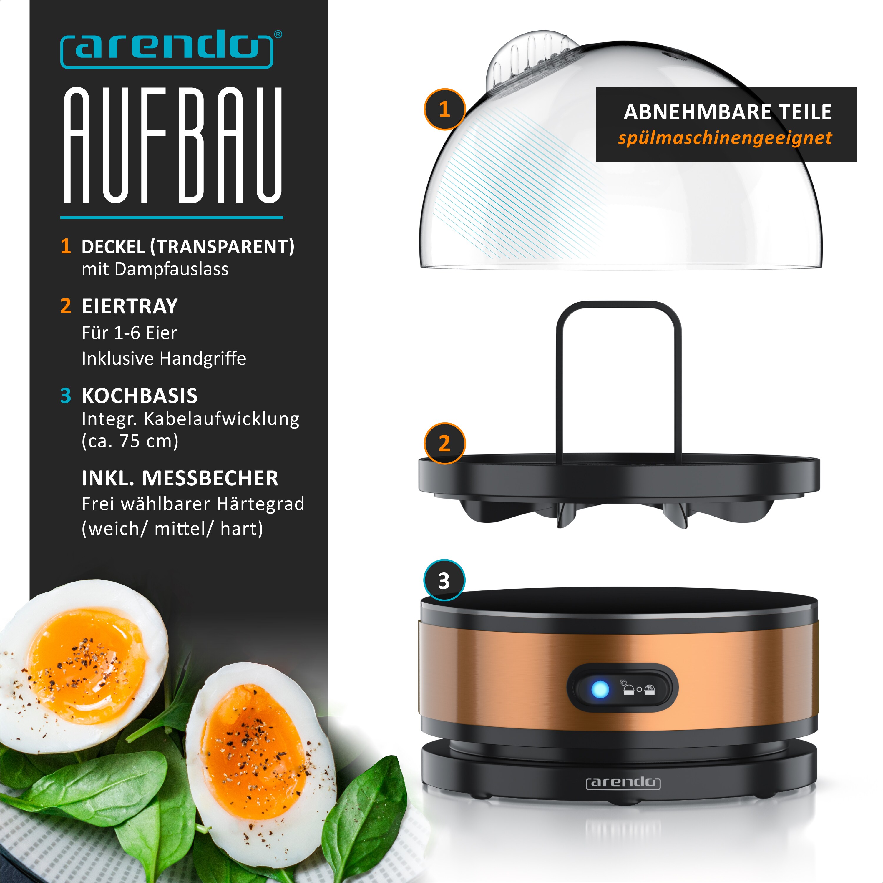 Arendo Eierkocher für 7 Eier, Edelstahl, 400 Watt, Kipp-Funktionsschalter, 3 Härtegrade wählbar, Warmhaltefunktion, Signalton - BPA-frei, Sevencook