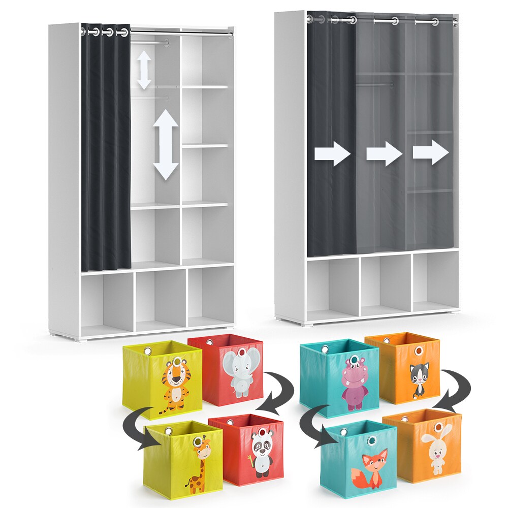 Vicco Kinderkleiderschrank Kinderzimmerschrank Kindergarderobe Luigi Weiß Faltbox 106 x 178 cm modern Schrankregal Jugendzimmerschrank Organizer Vorhang Kleiderstange Fächer Aufbewahrung Spielzeugablage