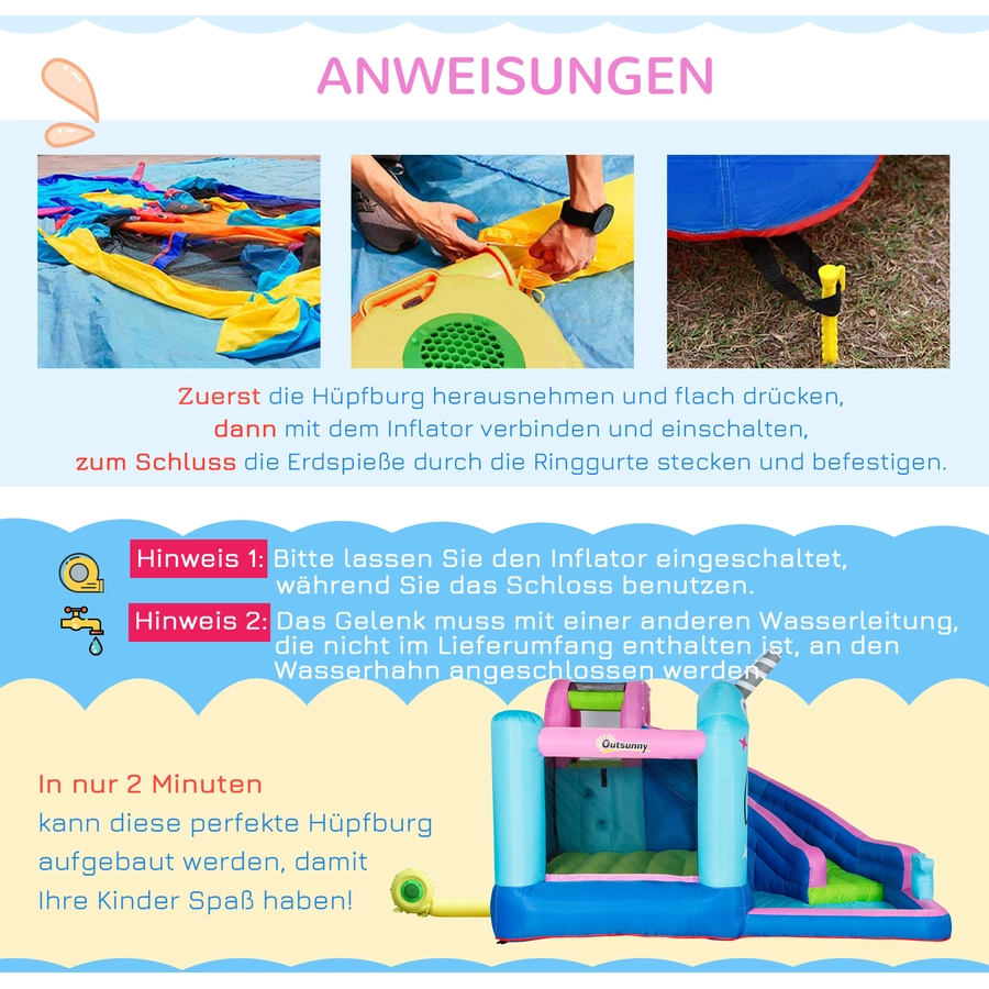 Outsunny Hüpfburg mit Wasserbecken, Kletterwand und Rutsche bunt