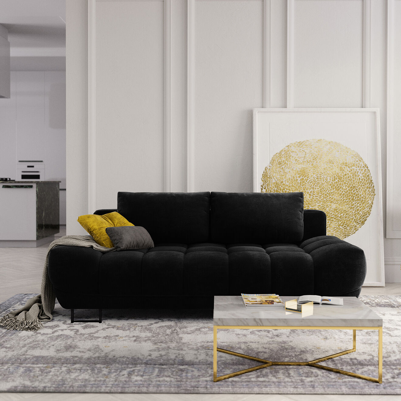 Windsor & Co Canapé Velours convertible avec Coffre de Rangement Cirrus noir - 215x112x90 cm