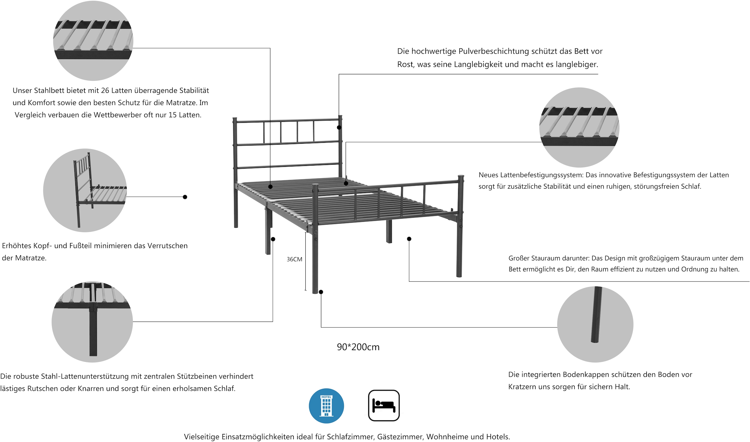 GOODproduct Metallbett »Amrum Bett Bettgestell Bettrahmen Einzelbett Doppelbett Stahlbett« 2m Länge und in 4 Breiten wählbar - 90, 140, 160, 180 cm,  Schlafzimmerbett inkl. 26 Lattenroste zum Schutz der Matratze