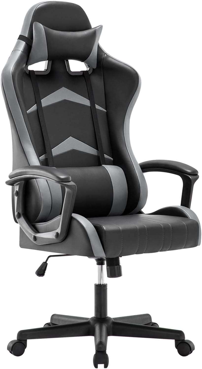 IntimaTe WM Heart Gaming Stuhl, Bürostuhl mit Verstellbarem Kopfkissen und Lendenkissen, Ergonomischer Schreibtischstuhl, Racingstuhl mit Hoher Rückenlehne, 52 x 49 x 130cm (Grau)