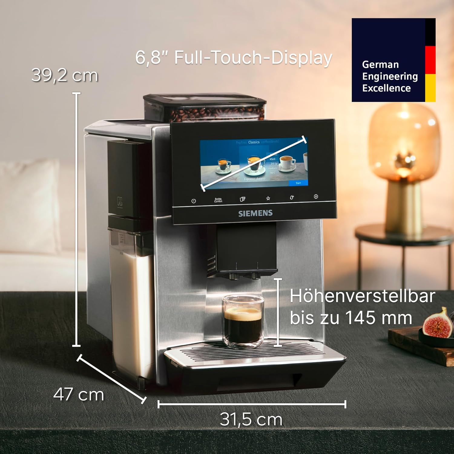 Siemens Kaffeevollautomat EQ900 plus, großes farbiges TFT-Display, autom. Reinigungsystem via Kartuschen, 36 Heiß- und Kaltgetränke, Cold Brew, Doppeltassenfunktion, super leise, Edelstahl, TQ903DZ3