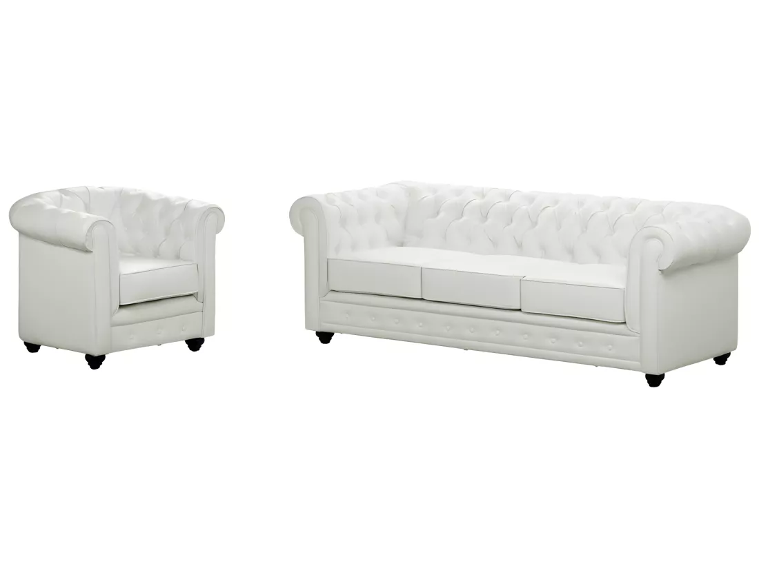 Canapé 3 places et fauteuil CHESTERFIELD - Simili Blanc