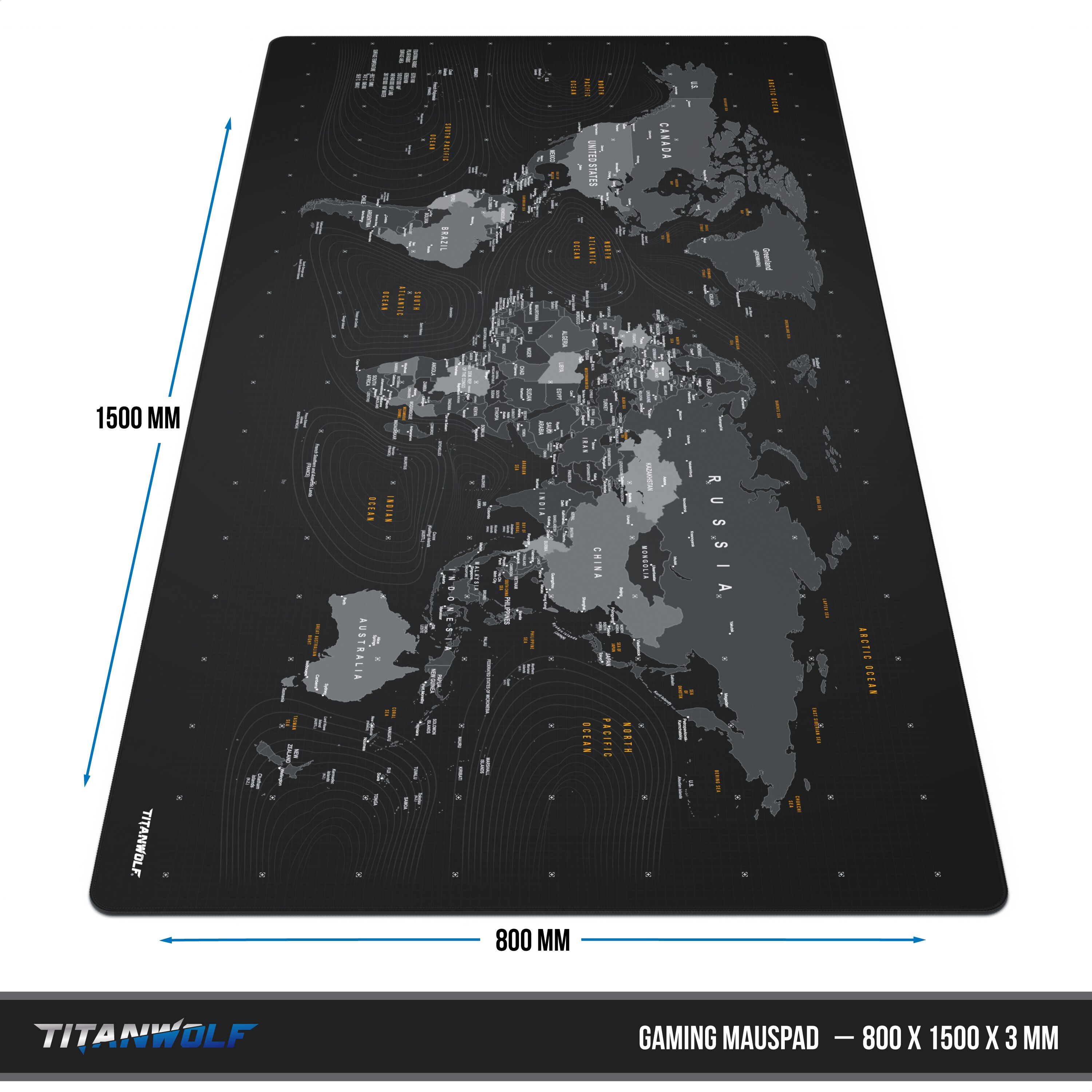 Titanwolf XXXL Übergröße Mauspad 1500x800mm, XXXL Großformat, Schreibtischauflage, gummierte Rückseite, rutschfest und abwaschbar, Gaming, Präzision