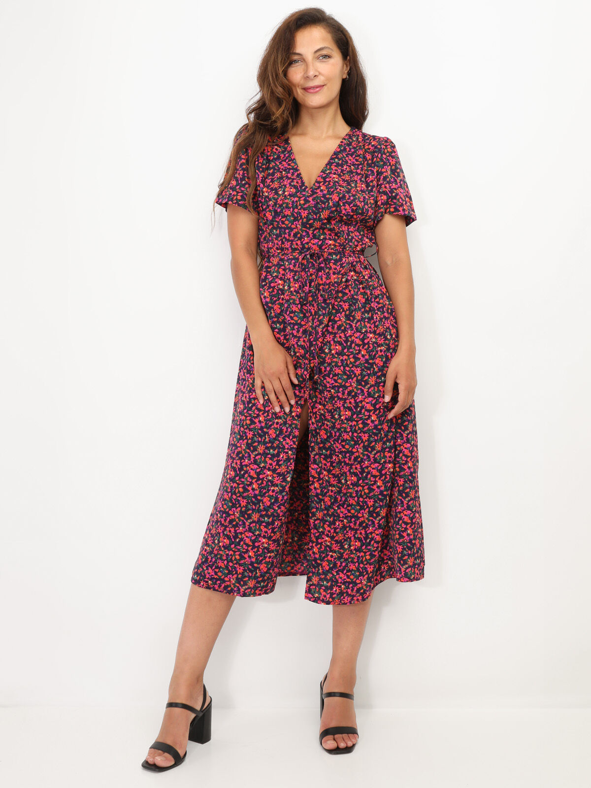 Robe style portefeuille à petites fleurs- Fuchsia
