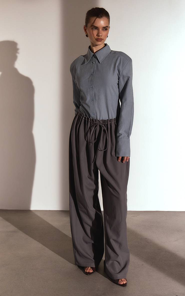 Gris Pantalon Large À Taille Œillets Et Plis