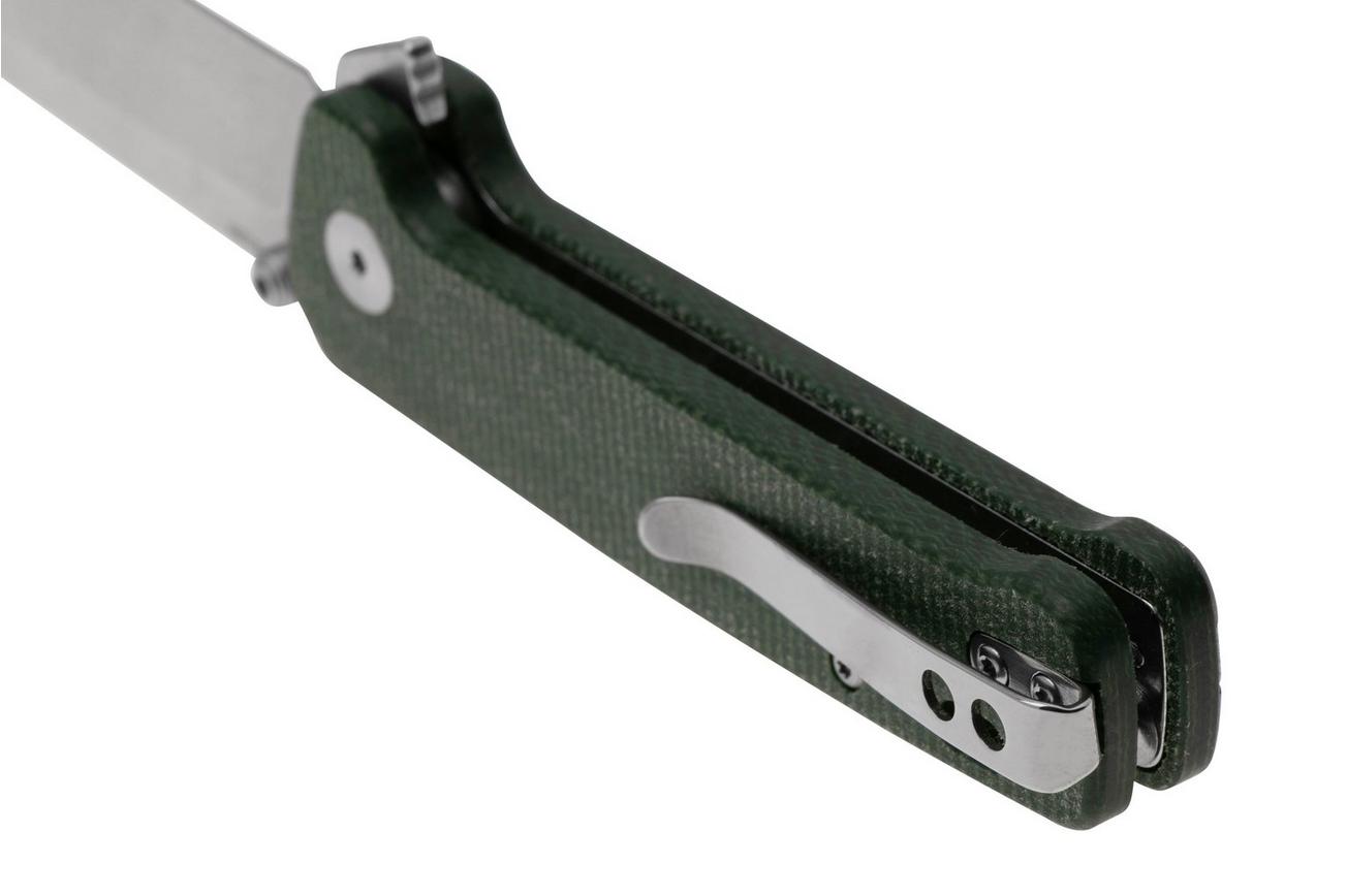 QSP Knife Penguin Button Lock QS130BL-C1 Satin, Green Micarta, zakmes