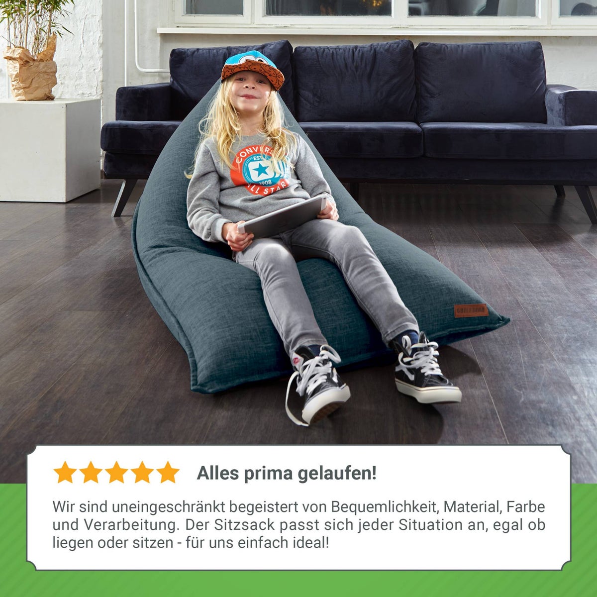 Green Bean Triangle Zitzak 150x100x100cm met 220 liter EPS-korrelvulling - Knuffelzacht en wasbaar - Binnenkussen van stof voor op de vloer, ligstoel en zitkussen - Blauw