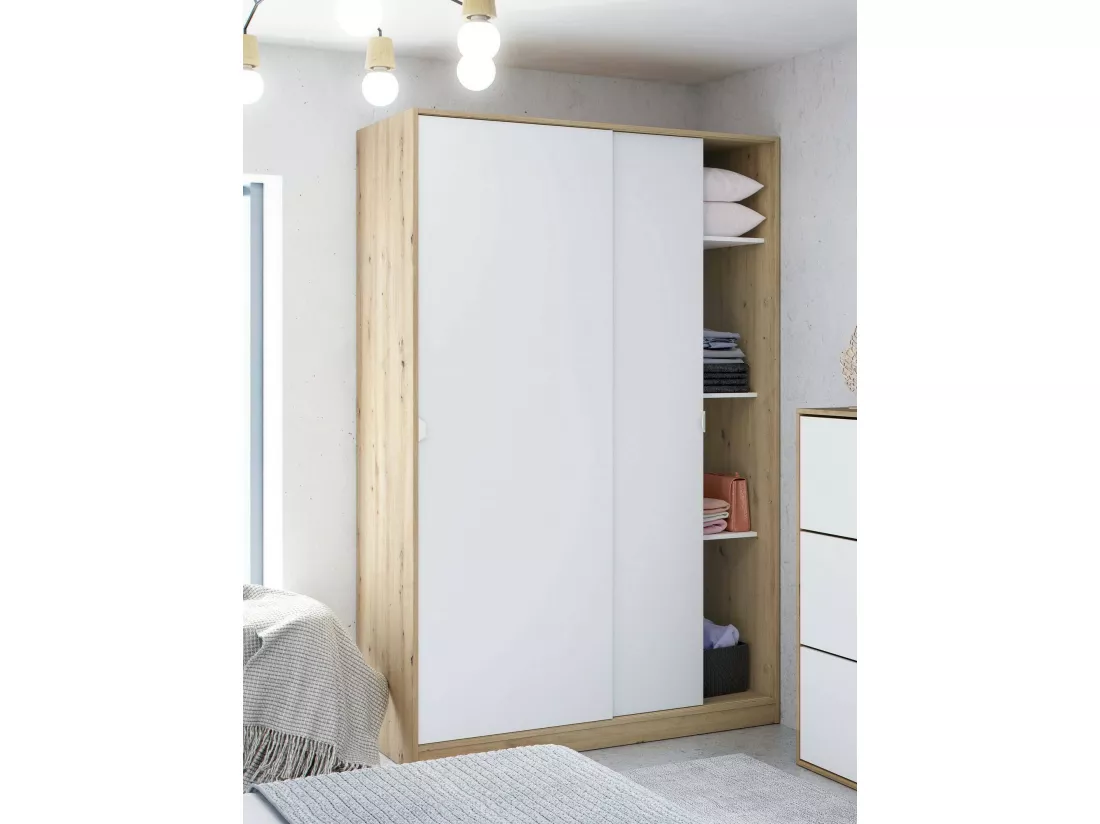 Armoire Dnoce, Armoire de chambre avec 2 portes coulissantes, Armoire avec 3 étagères et tringle à vêtements, 120x50h200 cm, Blanc et Chêne Noeud