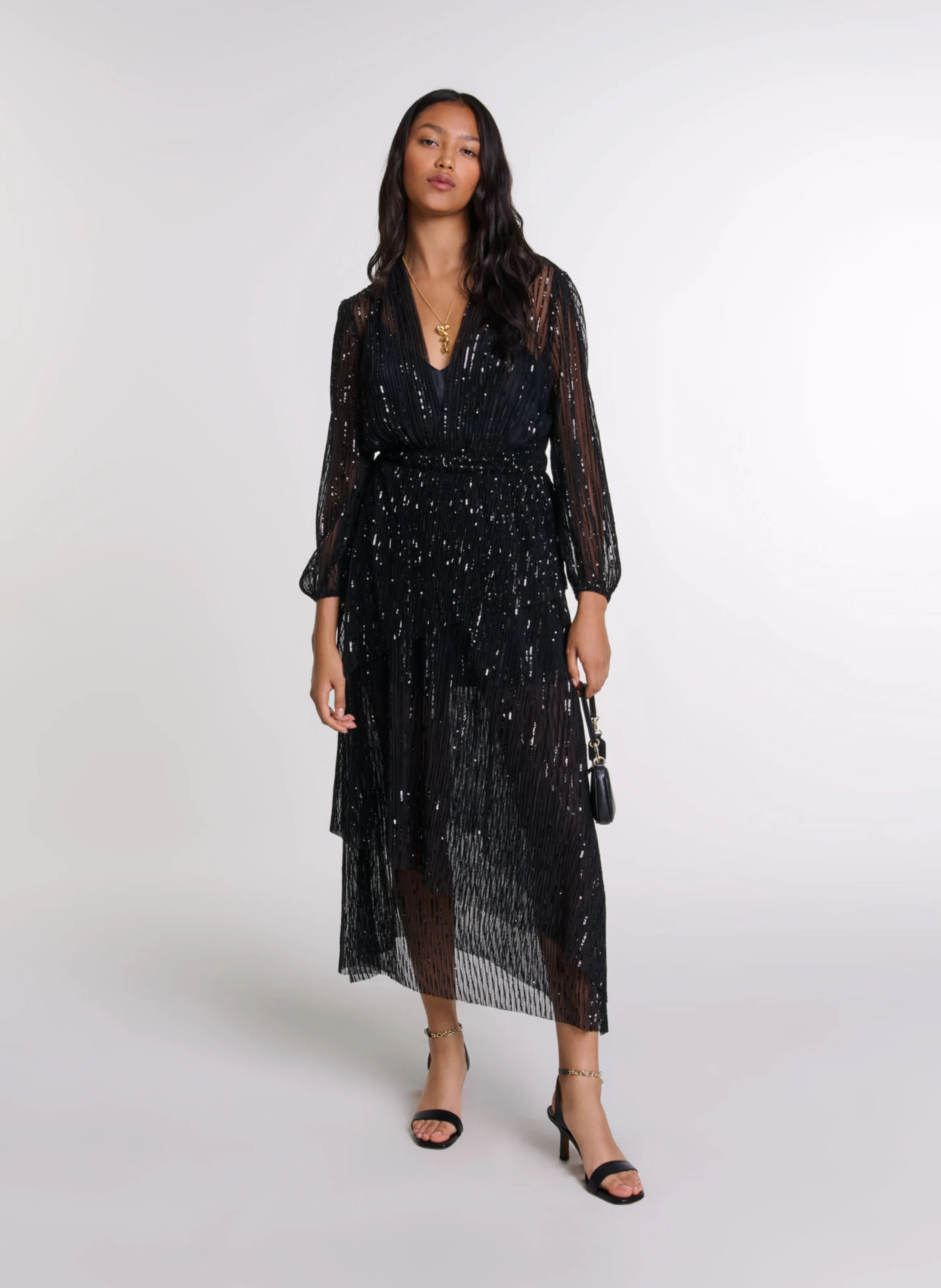 Robe longue cintrée col V | Noir