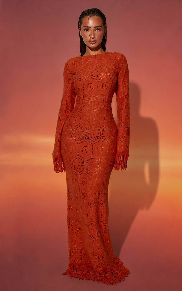 Rouille Robe De Plage Maxi À Ourlet À Pompons En Crochet