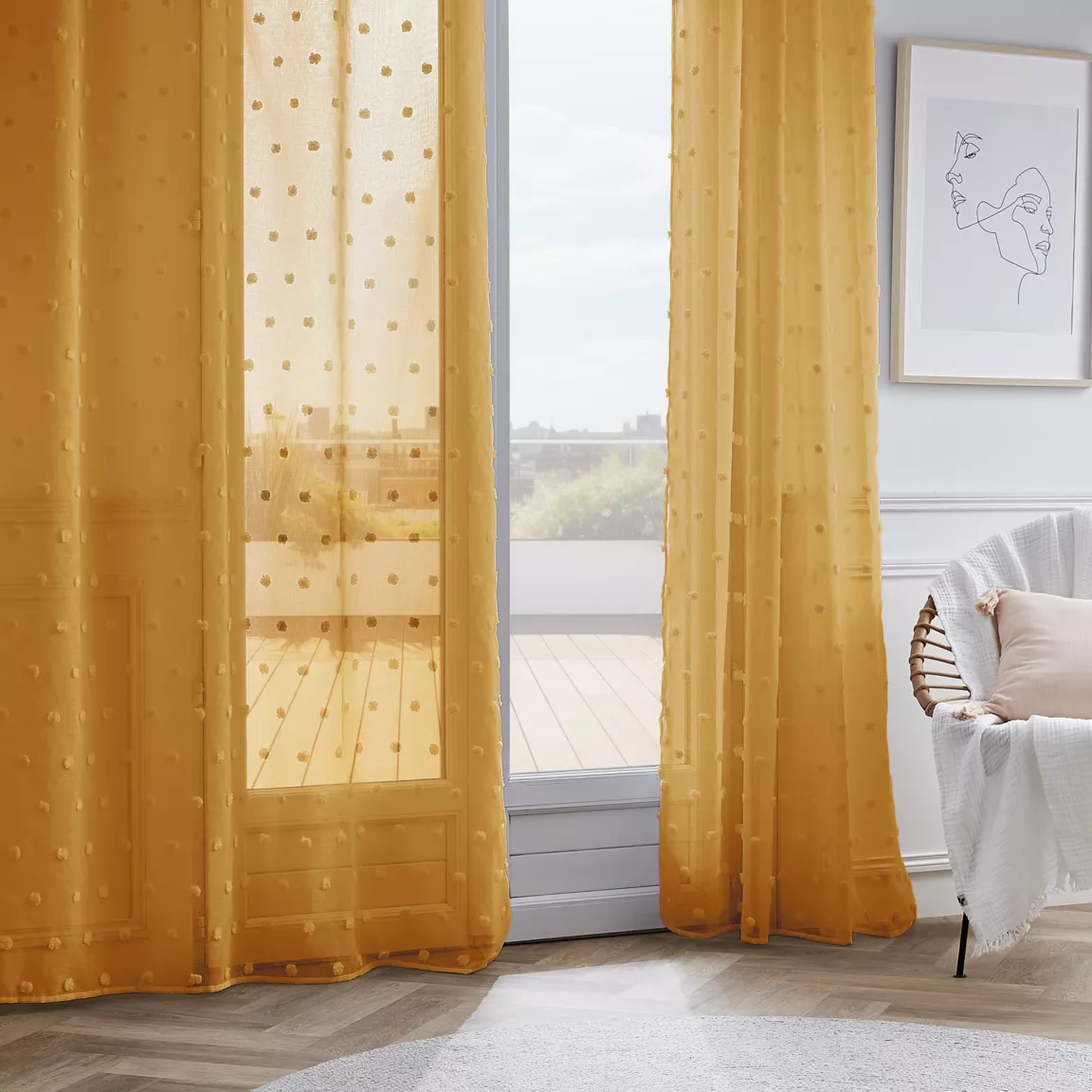 Voilage oeillets pompons (140 x 240 cm) Emie Jaune moutarde