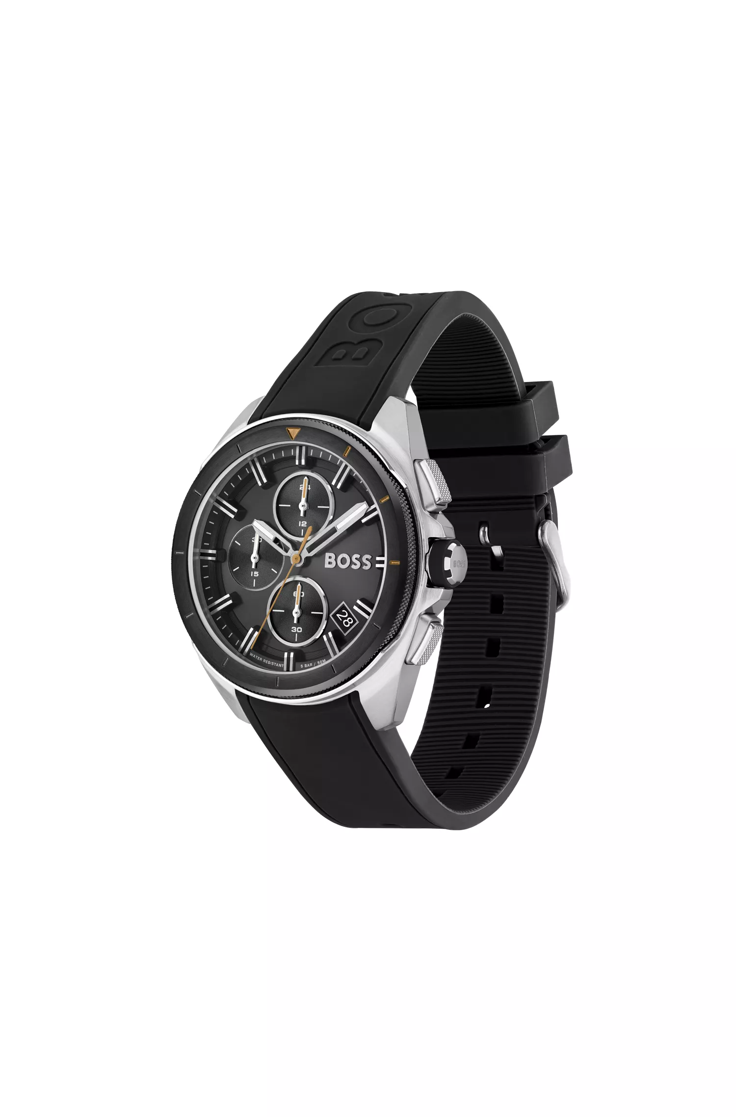 Relógio cronógrafo BOSS com mostrador laranja e preto e pulseira de silicone preta.
