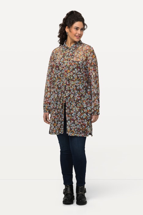 Mesh-Bluse, Millefleur, A-Linie, Hemdkragen, Langarm