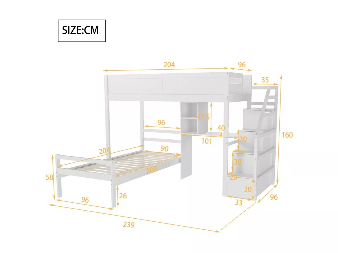 Lit superposé 90x200cm en bois massif - avec escalier de rangement et bureau - Blanc