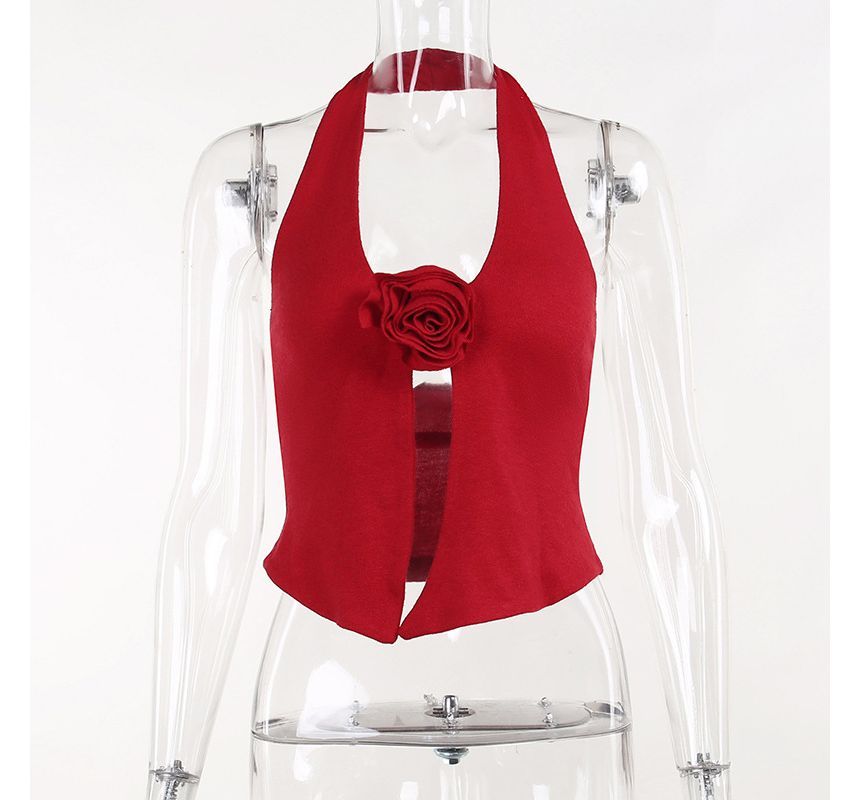 Alizio - Halterhals geribbelde crop top met bloemensplit