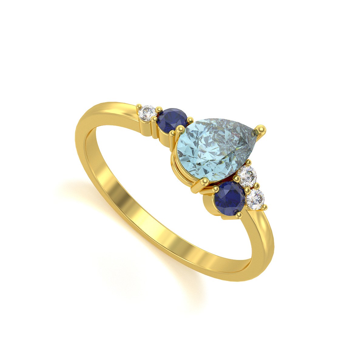 Bague ADEN Or 585 Jaune Aigue-Marine Saphir et diamants 2.296grs